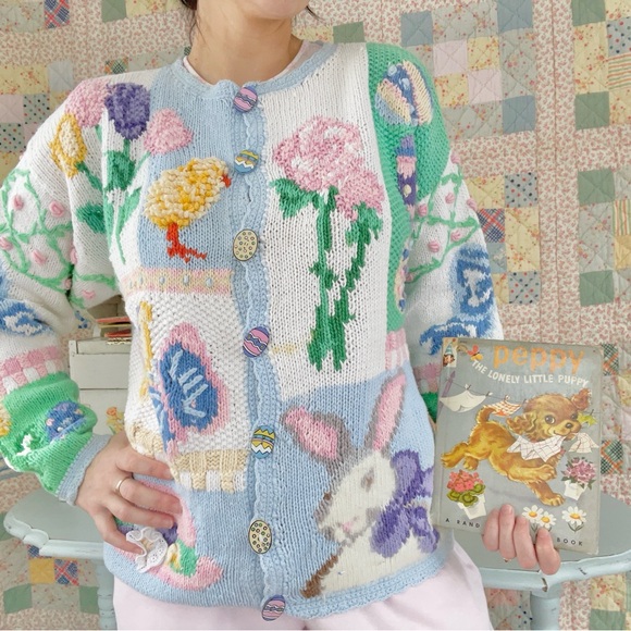 Vintage Cotton Womens Easter Knitted Cardigan Sweater Amazing - Picture 3 of 8